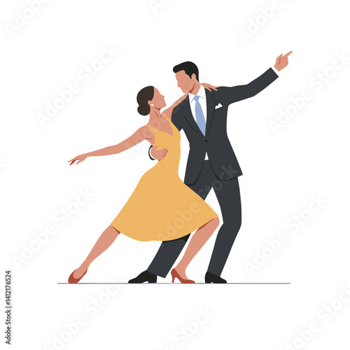 Couple dancing passionately in elegant attire on white background  