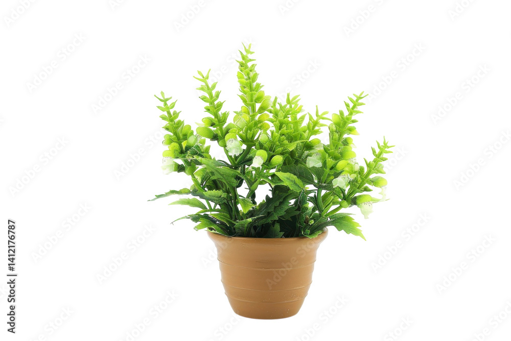 Lush green artificial plant in a rustic terracotta pot on a bright white background isolated on transparent background Lush green artificial plant in a rustic terracotta pot on a bright white background isolated on transparent background