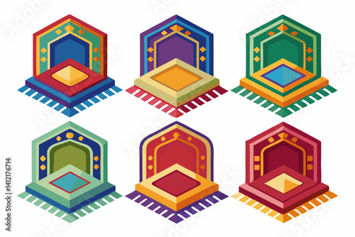 Vibrant prayer rugs in diverse colors and patterns, showcasing Islamic art in isometric style, reflecting serenity and devotion.