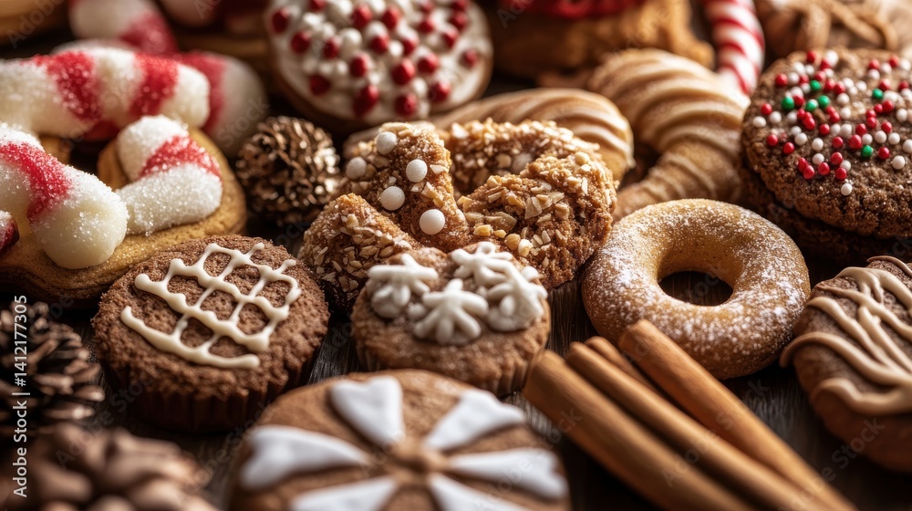 Assorted Homemade Festive Cookies and Treats on Wooden Surface Assorted Homemade Festive Cookies and Treats on Wooden Surface