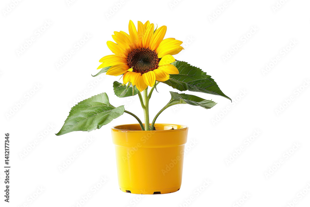 Obraz premium A vibrant sunflower blooming in a cheerful yellow pot against a bright white background isolated on transparent background