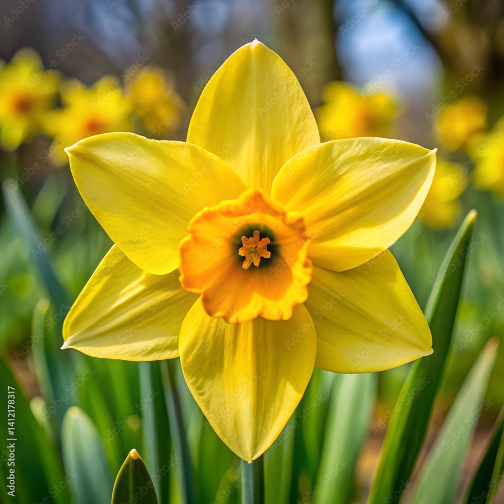 Yellow daffodils bloom in spring, their petals a vibrant floral color against nature's green Yellow daffodils bloom in spring, their petals a vibrant floral color against nature's green