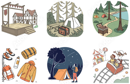Camping Bundle. Mountain Rock Thermos Adventure Collection Illustrations