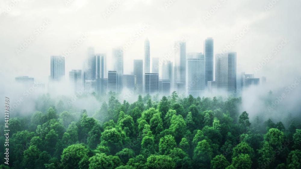 Fototapeta premium futuristic cityscape emerges through misty clouds above lush green forest, symbolizing harmony between urban development and nature. scene evokes sense of tranquility and innovation