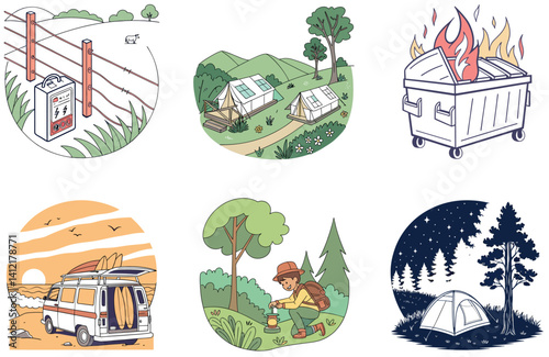 Camping Bundle. Dense Forest Rainy Day Collection Illustrations