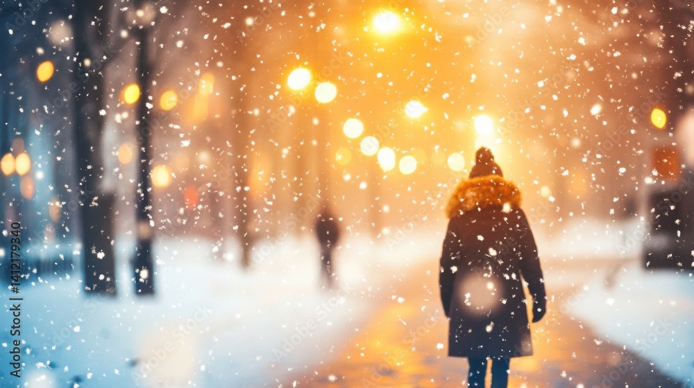 Beautiful Winter Evening with Soft Snowfall in Urban Street Scene Beautiful Winter Evening with Soft Snowfall in Urban Street Scene