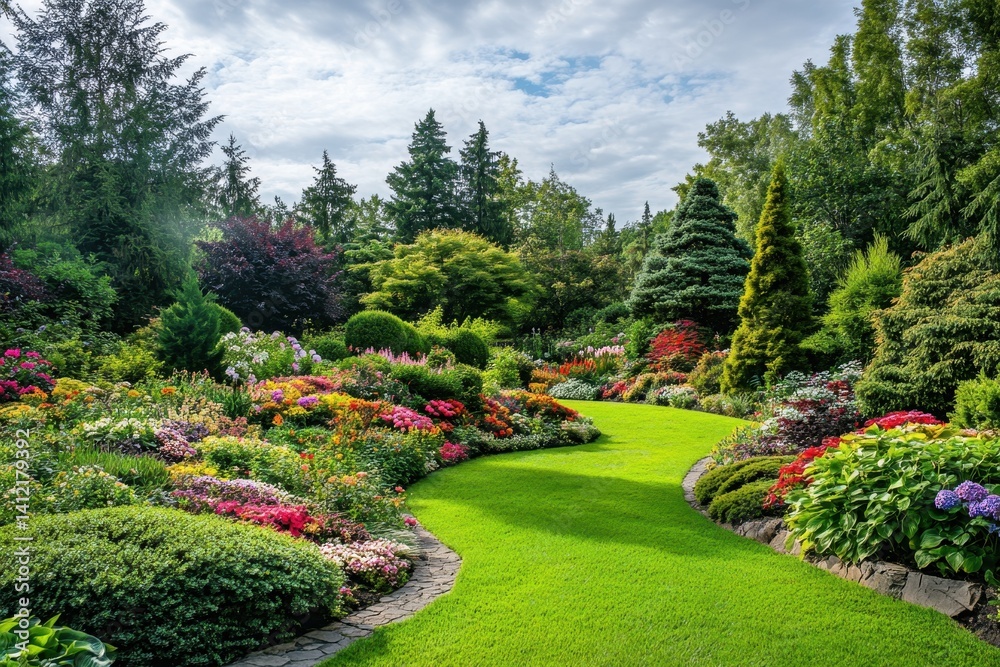 Vibrant garden landscape with winding paths and colorful flowers in serene natural setting