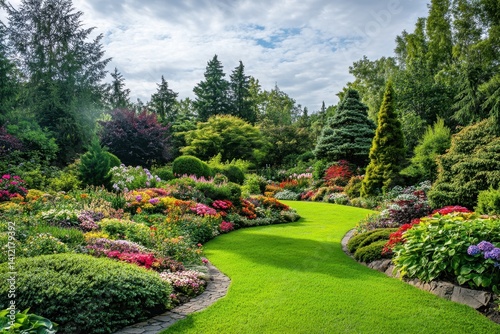 Obraz na płótnie Vibrant garden landscape with winding paths and colorful flowers in serene natural setting w salonie