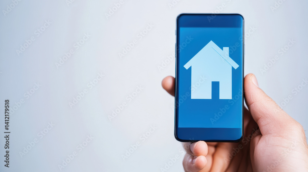hand holding smartphone displaying house icon on screen, symbolizing real estate or home applications. image conveys sense of modern technology and connectivity hand holding smartphone displaying house icon on screen, symbolizing real estate or home applications. image conveys sense of modern technology and connectivity