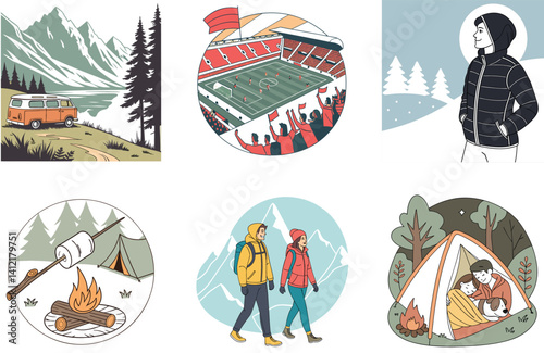 Camping Bundle. Magical Forest Campfire Collection Illustrations