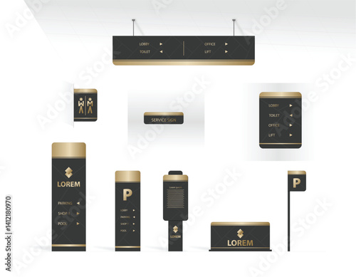 Wayfinding system signage mockup set Direction signs Exterior and interior way finding design