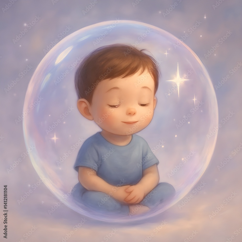 A conceptual illustration of a child figure gently enclosed within a soft, glowing bubble adorned with sparkles A conceptual illustration of a child figure gently enclosed within a soft, glowing bubble adorned with sparkles