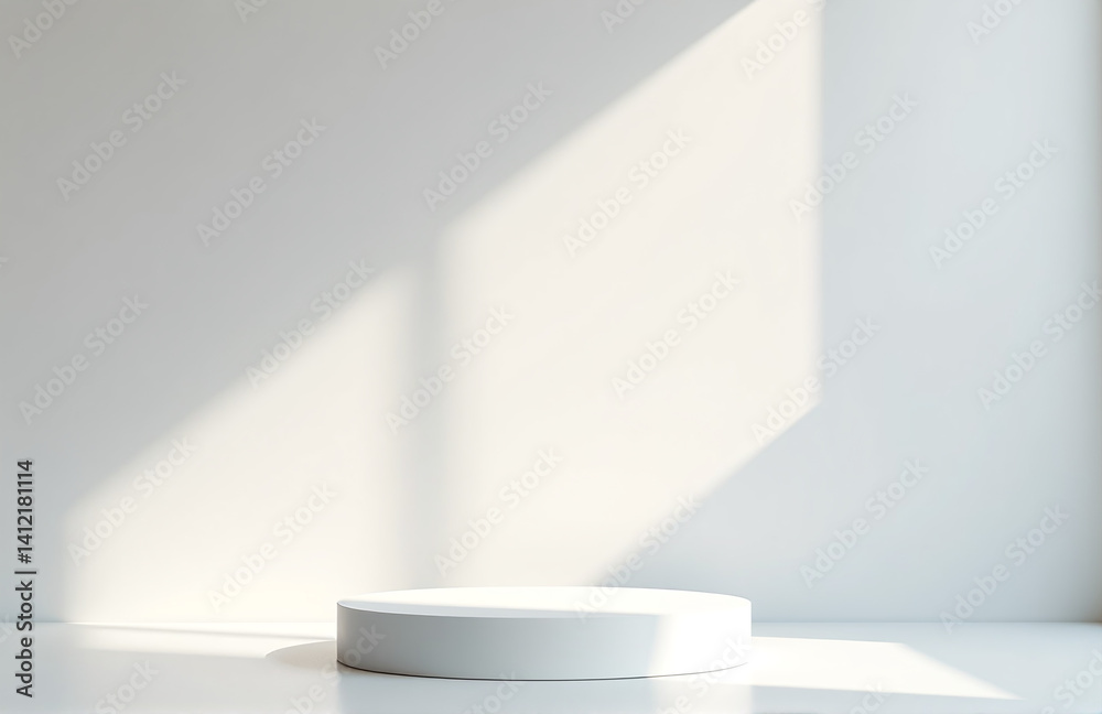 Fototapeta premium Geometric Light Shines On Empty Space, Showcasing A Modern Pedestal Stand With Object And Clean White Background In 3d Render.
