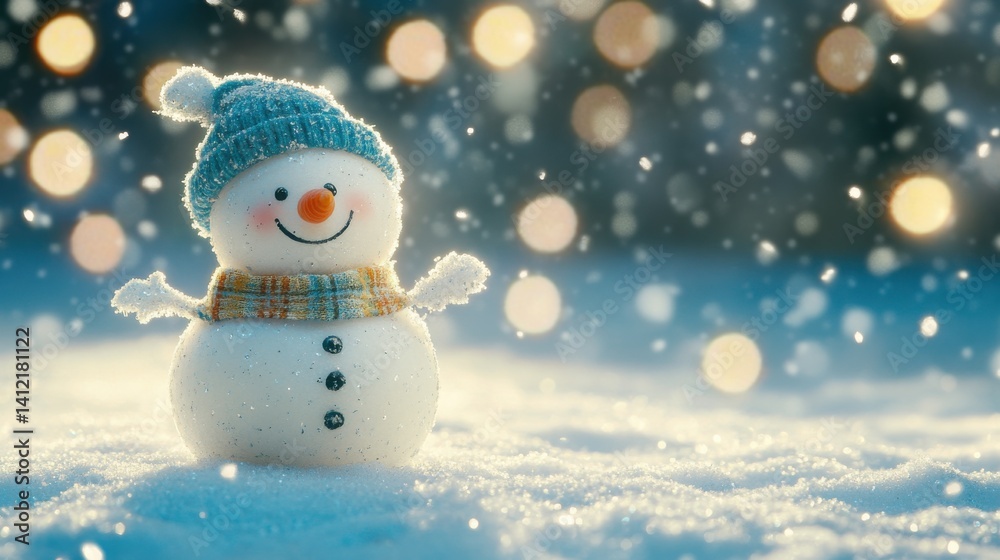 Fototapeta premium Charming Snowman in Winter Wonderland with Soft Snowflakes Falling