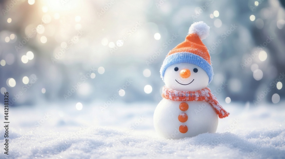 Fototapeta premium Charming Snowman with Blue Hat and Orange Scarf in Winter Wonderland