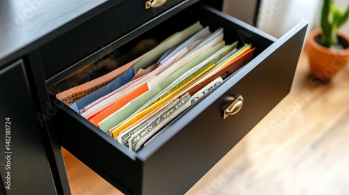Office cabinet drawer with colorful documents, financial papers and cash