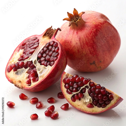 Whole and sliced pomegranate with seeds exposed
Ripe pomegranate fruit shown whole and in sections, revealing glossy red seeds and rich texture on a clean white background.
 photo
