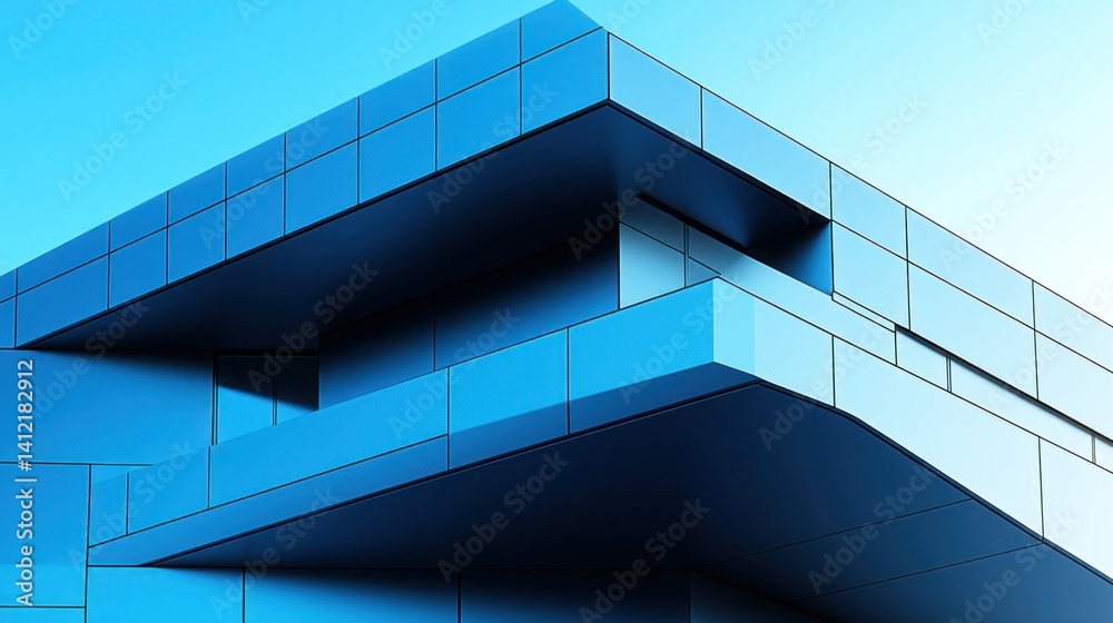 Fototapeta premium Modern architectural facade, vibrant blue tones, geometric shapes, and a balcony