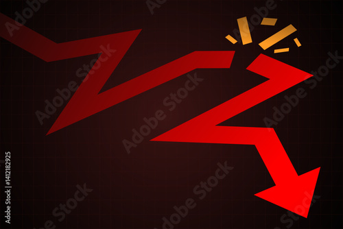 Broken red arrow dropping sharply on dark grid, symbolizing financial collapse and market panic. Vector illustration. Concept of recession, instability, downturn, bankruptcy, crisis.
