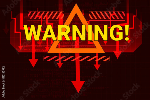 Warning sign and falling arrows highlight urgent economic risk and crisis conditions across industries. Vector illustration. Concept of emergency alert, stock collapse, instability, financial warning.