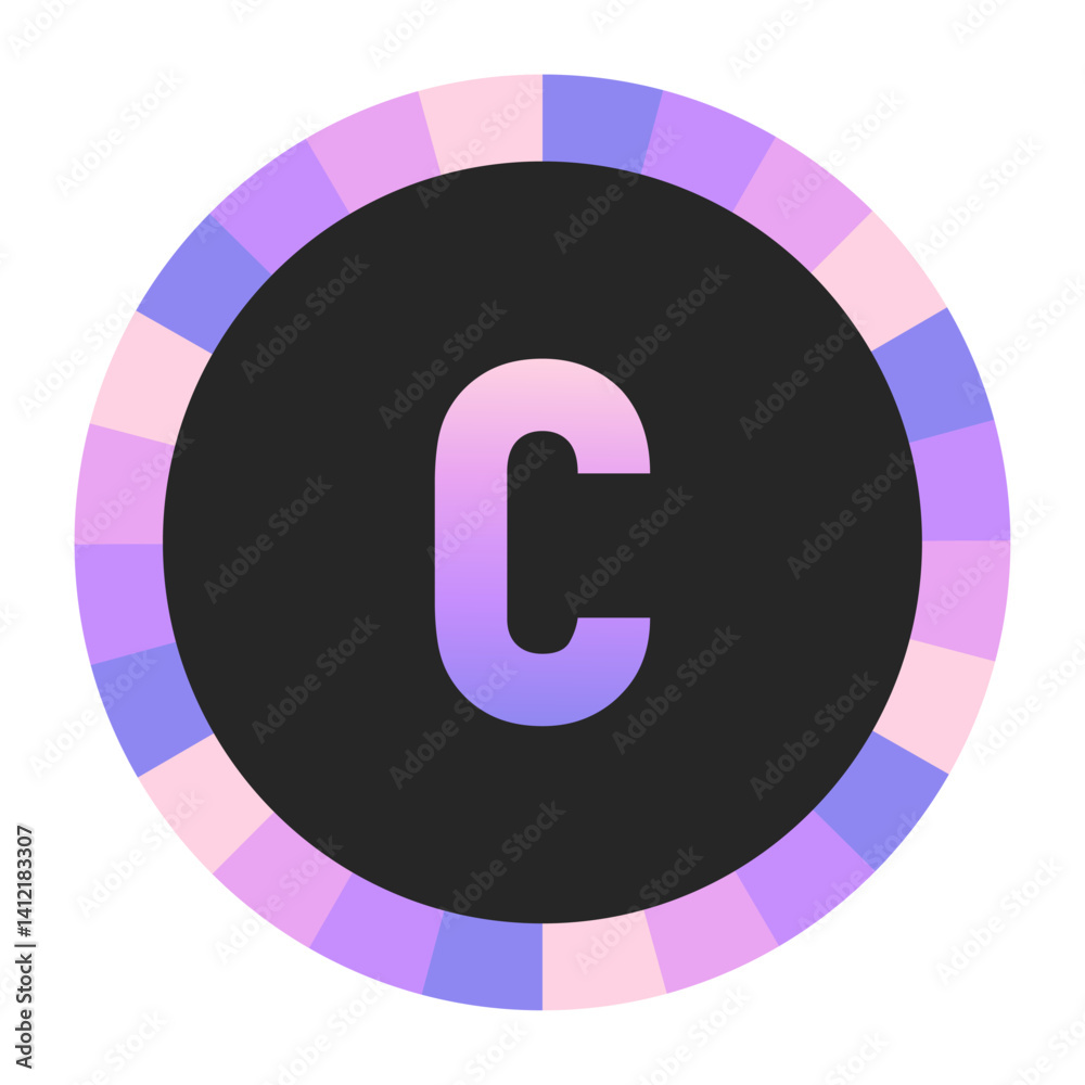 Gradient lowercase Letter c in Purple and Pink with Pastel Pink and Blue Circular Frame on Light Background