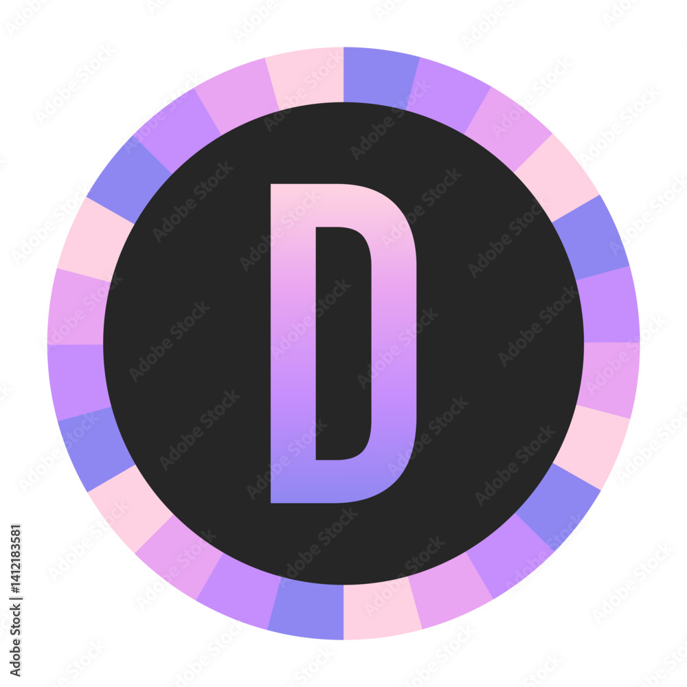 Gradient CAPITAL Letter D in Purple and Pink with Pastel Pink and Blue Circular Frame on Light Background Gradient CAPITAL Letter D in Purple and Pink with Pastel Pink and Blue Circular Frame on Light Background