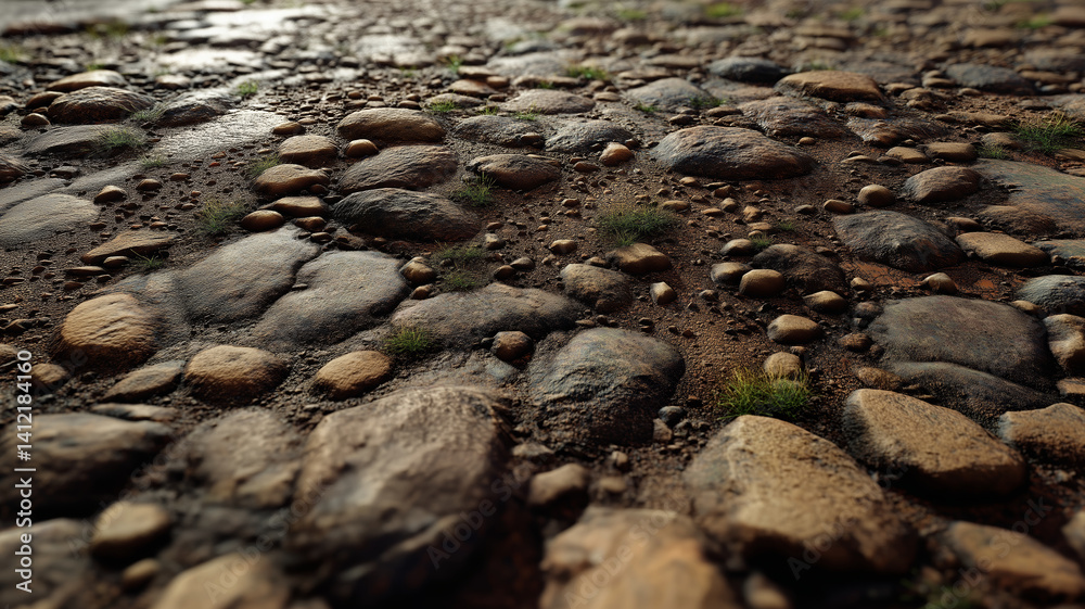 Stone pebble path ground level view sunlight reflection rocks walkway texture Stone pebble path ground level view sunlight reflection rocks walkway texture