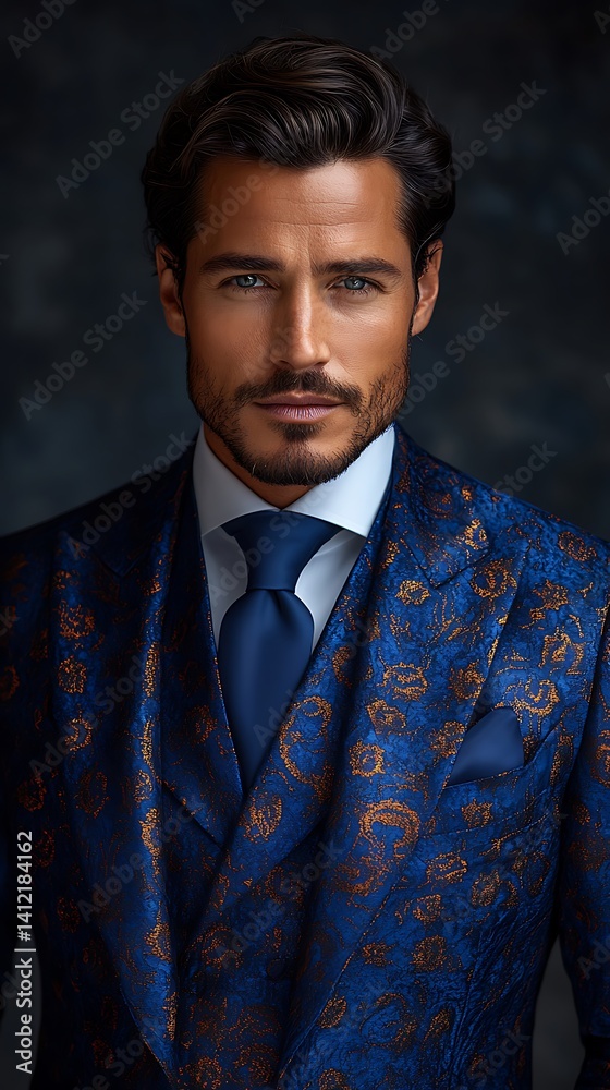 Fototapeta premium Stylish Blue Suit Mobile Wallpaper ntricate Gold Patterns & Dark Blue Tie | Vertical Fashion Aesthetic