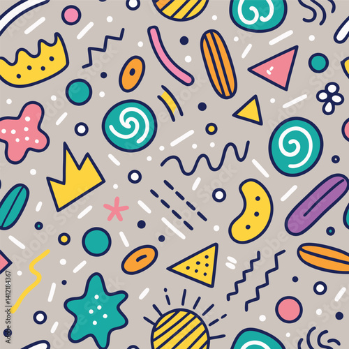 Abstract doodle pattern with bright colors and various shapes