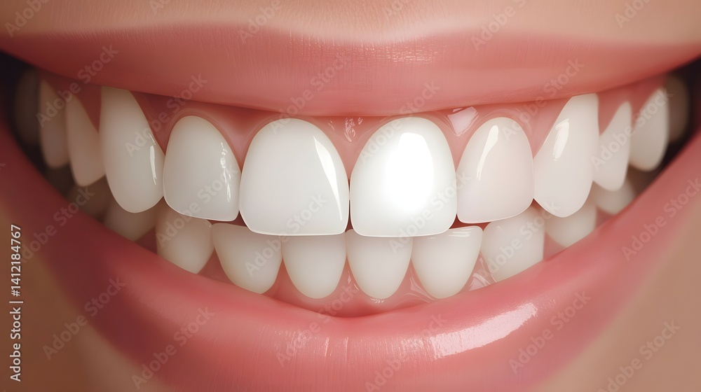 Obraz premium Smiling mouth showing white teeth and pink lips in a close-up view.