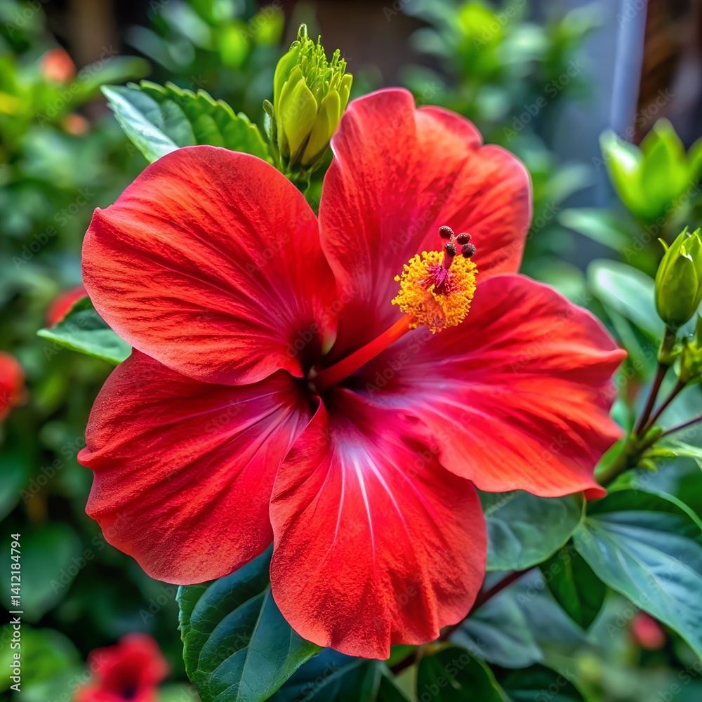 Bright red hibiscus flowers bloom in the tropical garden, showcasing their floral beauty and delicate petals Bright red hibiscus flowers bloom in the tropical garden, showcasing their floral beauty and delicate petals