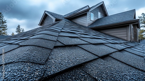 Modern asphalt shingle roof, wet and detailed