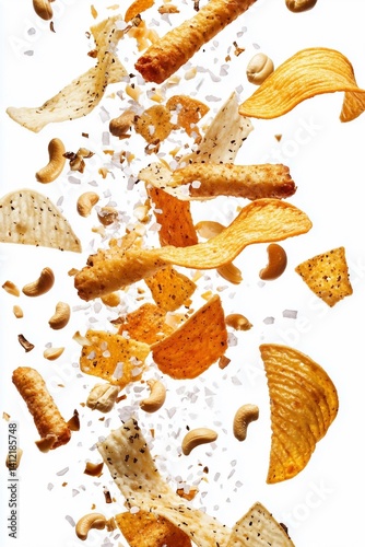 Delicious assortment of crunchy snacks floating in the air at a vibrant gathering Generative AI