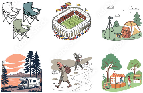 Camping Festival. A Bundle of Scenic and Heartwarming Collection Illustrations