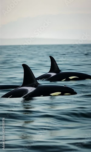 Three orcas swimming gracefully in calm ocean waters with a serene background
