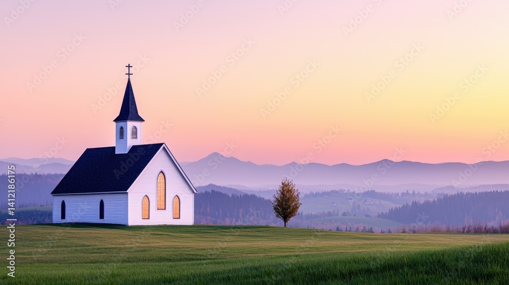 Fototapeta premium A peaceful Catholic church at dawn, its steeple glowing in the first light of the sun.