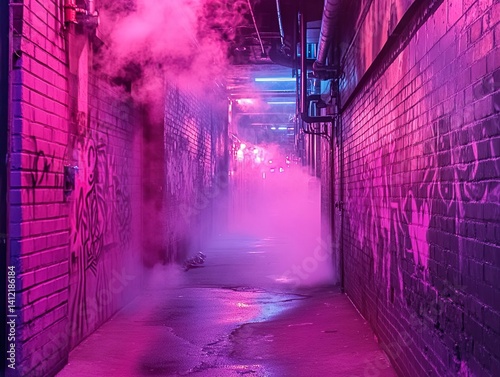 Dense pink fog fills a narrow urban alley at night, dramatically lit by intense magenta and blue neon lights reflecting on wet surfaces and graffiti-covered brick walls.
