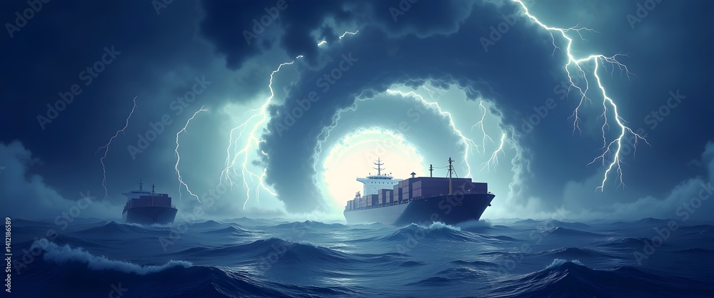 Fototapeta premium Trade war tension and tariffs trigger global economic crisis, impacting markets and inflation. Intense Storm with Cargo Ships Facing Trade Challenges at Sea