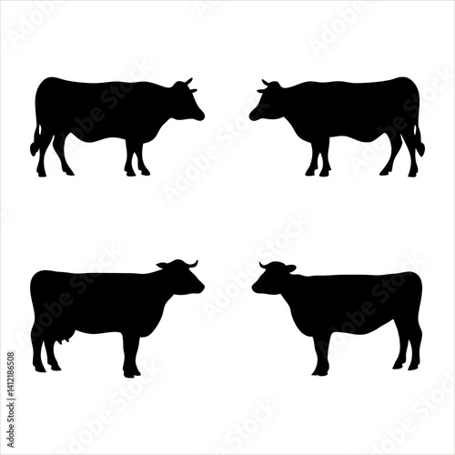 Black and white illustration cow silhouettes far
