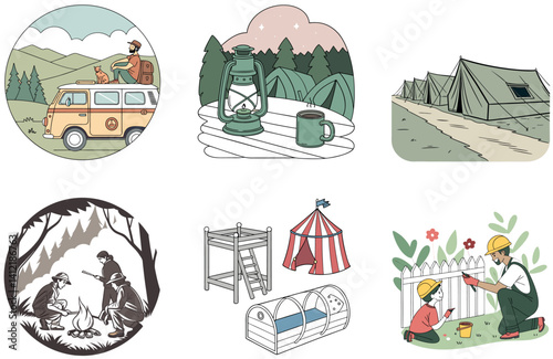 Camping Retreat. A Bundle of Tranquil and Rustic Collection Illustrations