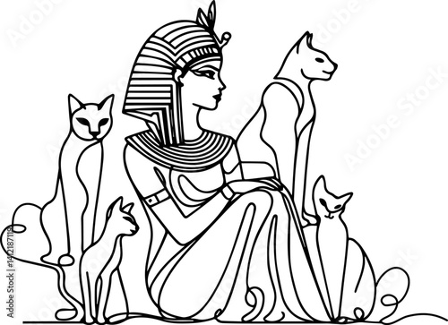 Ancient Egyptian queen with cats in minimalist style  