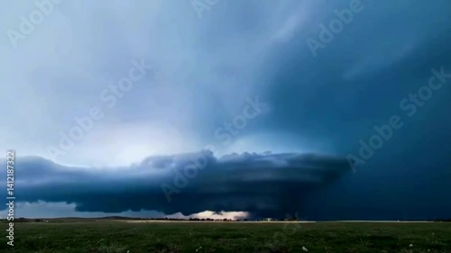 Big storm and lightning inside tornado cloud. Background of black clouds and lightning. Rain clouds.