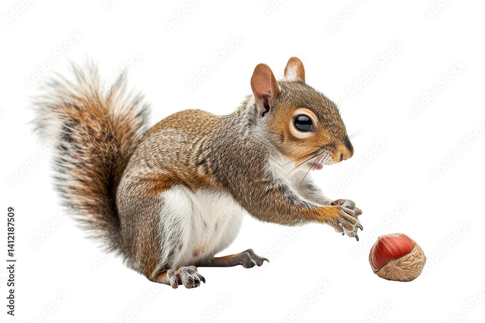 Obraz premium Curious squirrel playfully approaches a hazelnut on a bright white background isolated on transparent background