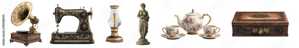 Fototapeta premium A Collection of Vintage Antiques Featuring a Gramophone, Sewing Machine, Decorative Lamp, Elegant Teapot Set, and Ornate Jewelry Box Preserving History in Each Piece