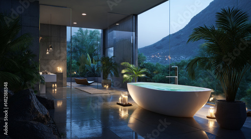 Obraz na płótnie A contemporary bathroom featuring a stylish freestanding bathtub illuminated by soft lighting, surrounded by glass walls that open to a lush green view w salonie