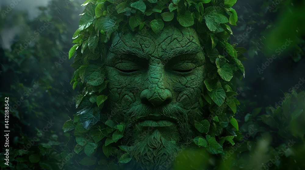 A sacred tree with a guardian spirit face watches over the lush, vibrant forest, urging protection. A sacred tree with a guardian spirit face watches over the lush, vibrant forest, urging protection.