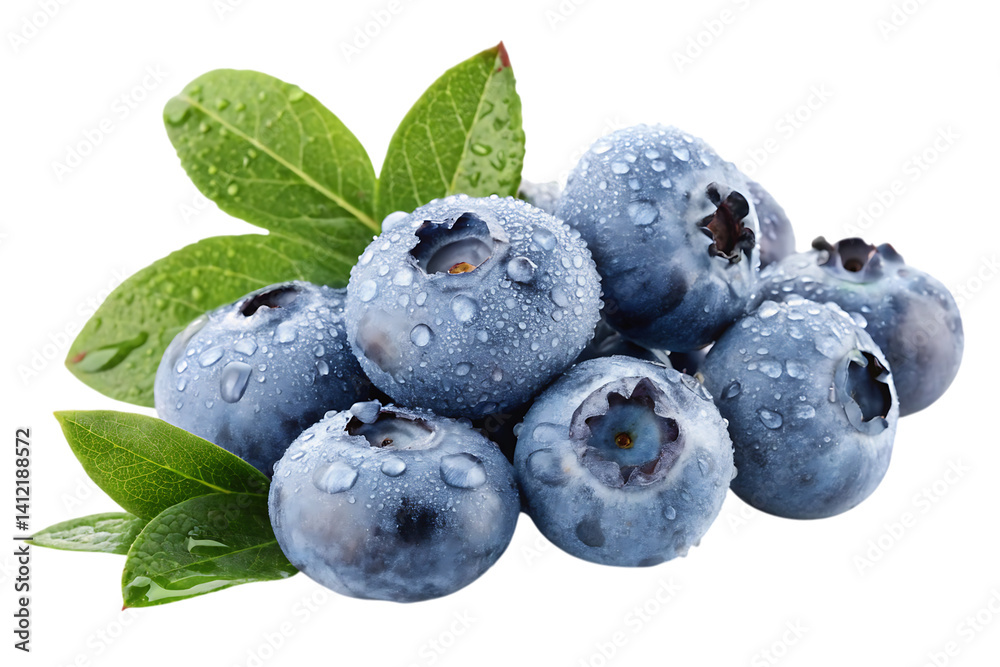 Fototapeta premium Juicy blueberries glistening with morning dew, nestled amongst vibrant green leaves, a burst of freshness.