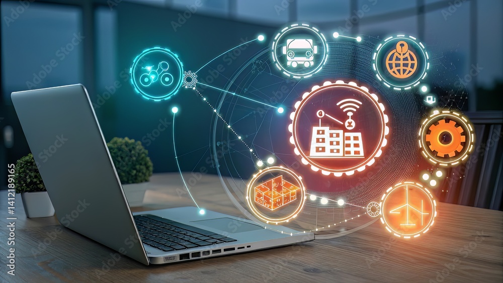 Fototapeta premium Glowing icons representing digital supply chain and data exchange swirl in front of a laptop.