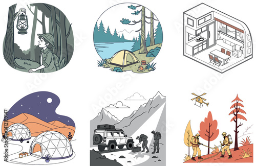 Camping Nightlife. A Bundle of Vibrant and Festive Collection Illustrations
