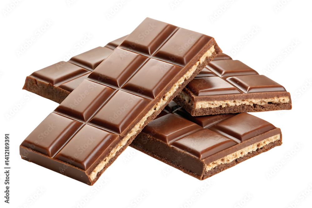Rich milk chocolate bars with a creamy wafer layer, stacked invitingly against a bright white background, promising a decadent treat. Rich milk chocolate bars with a creamy wafer layer, stacked invitingly against a bright white background, promising a decadent treat.